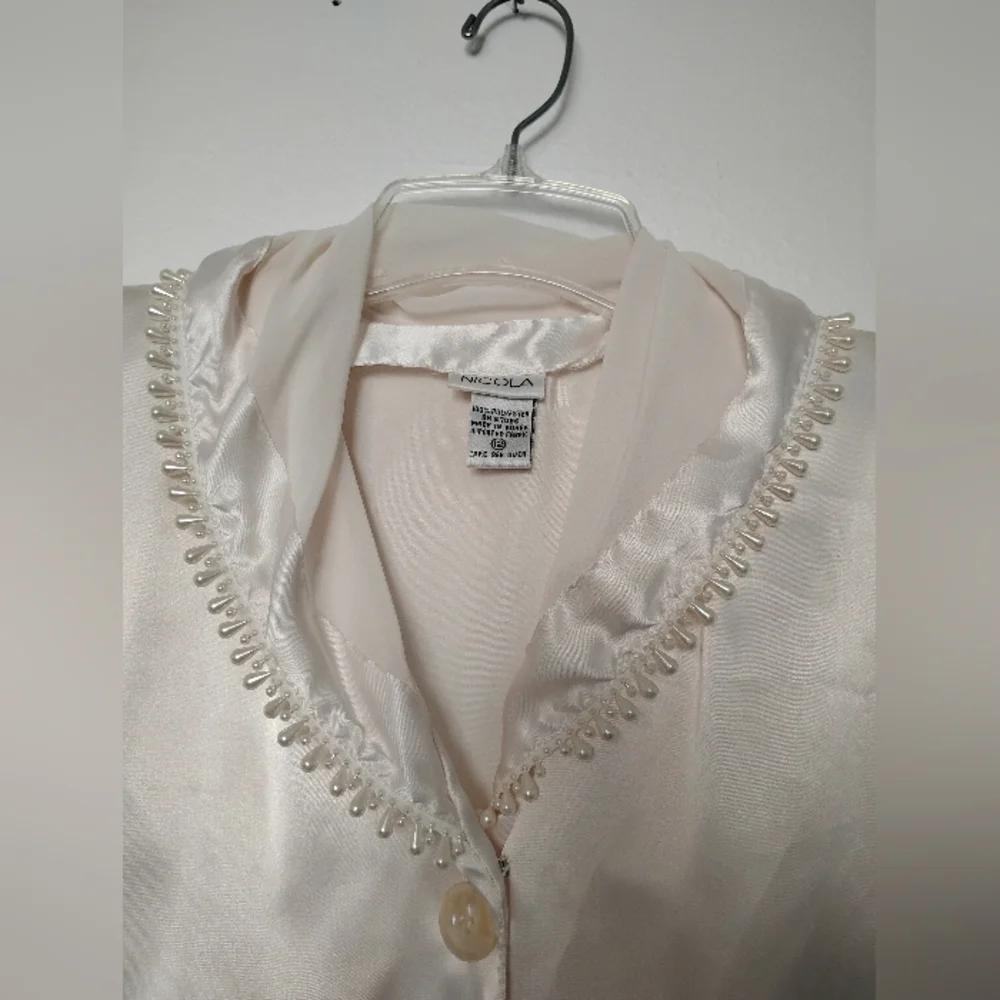 Vintage Nicola Satin Button Up Bead Shawl Collar Sheer Long Sleeve - Picture 2 of 5